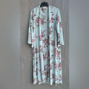 Peach Love Light Blue Pink Floral Sheer Duster Kimono Cardigan Size Medium